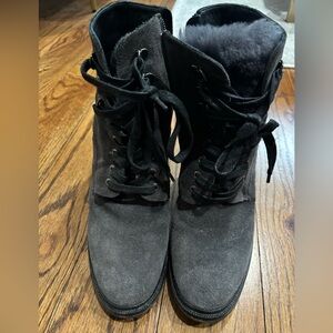 M gemi 4” heeled lace up suede bootie with shearling tounge. Charcoal